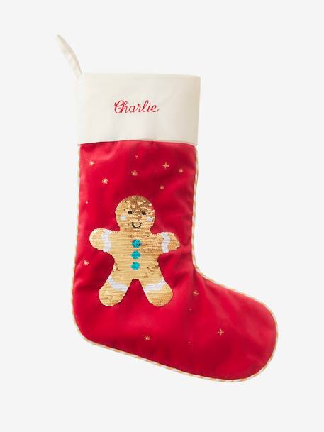 Meia de Natal com lantejoulas reversíveis, personalizável, Boneco de gengibre VERMELHO VIVO BICOLOR/MULTICOL 