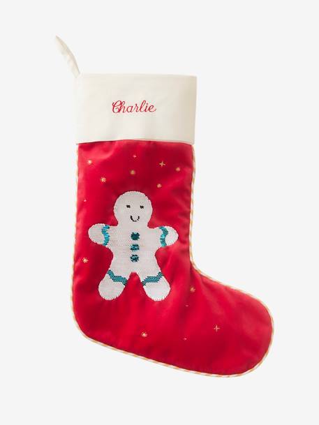 Meia de Natal com lantejoulas reversíveis, personalizável, Boneco de gengibre VERMELHO VIVO BICOLOR/MULTICOL 