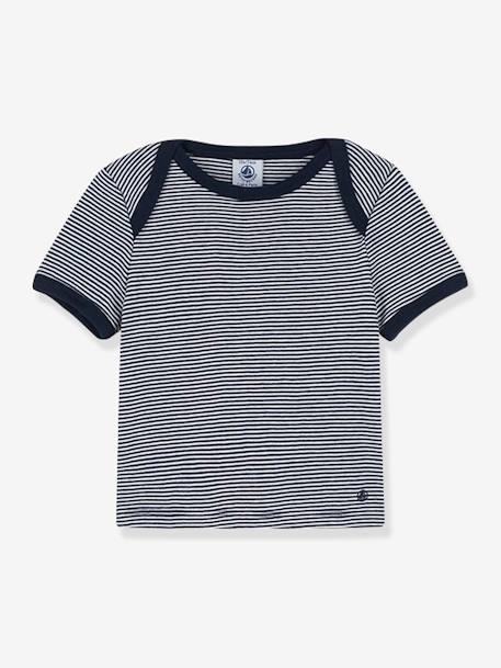 T-shirt às riscas finas, de mangas curtas, para bebé, em algodão bio, Petit Bateau AZUL MEDIO AS RISCAS 