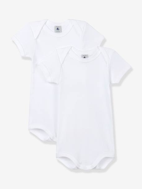 Lote de 2 bodies com cavas americanas e mangas curtas para bebé, em algodão bio, Petit Bateau branco 