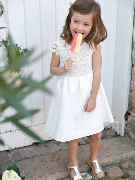 Vestido de cerimónia efeito 2 em 1 com sobreposição em macramé, para menina BRANCO CLARO LISO+rosa-nude 