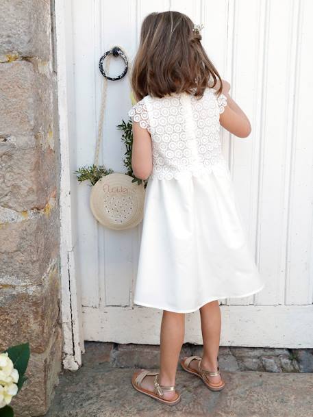 Vestido de cerimónia efeito 2 em 1 com sobreposição em macramé, para menina BRANCO CLARO LISO+rosa-nude 