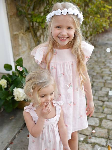 Vestido bordado, em gaze de algodão, para menina ROSA CLARO ESTAMPADO 