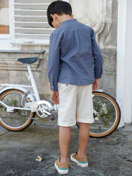 Bermudas para menino em algodão/linho. azul+AZUL ESCURO LISO COM MOTIVO+BEGE CLARO LISO COM MOTIVO+verde-salva 