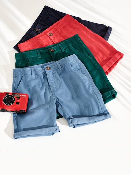 Bermudas chino, para menino AZUL MEDIO LISO COM MOTIVO+azul-acinzentado+bege+verde+vermelho 