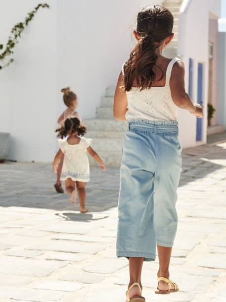 Calças curtas e largas estilo 'paperbag', em ganga leve, para menina AZUL MEDIO DESBOTADO 