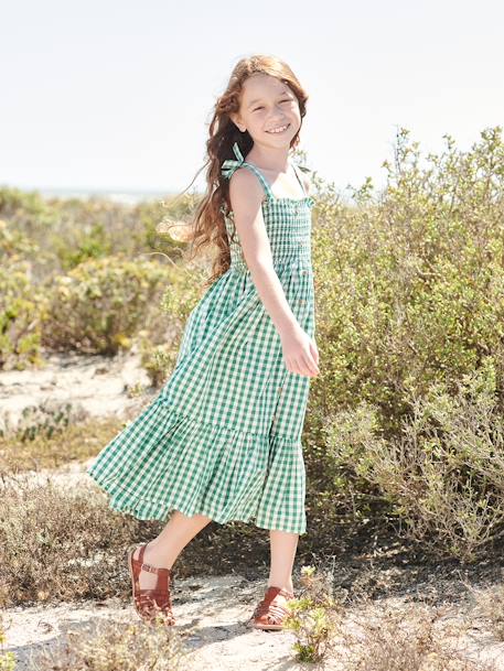 Vestido comprido aos favos, para menina VERDE MEDIO QUADRADOS 