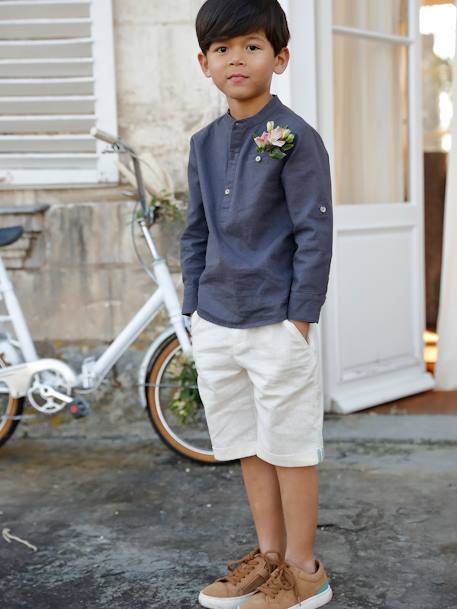 Camisa em linho/algodão, gola mao, mangas compridas, para menino AZUL VIVO LISO+azul-céu+Branco claro liso+VERDE MEDIO LISO 