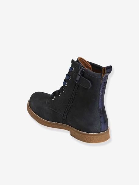 Botas em pele, atacadores + fecho, para menina AZUL ESCURO LISO+CASTANHO MEDIO LISO COM MOTIVO 