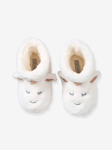 Pantufas unicórnio, de cano subido, em pelinho para menina BRANCO CLARO LISO COM MOTIVO 