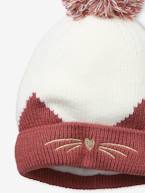 Gorro com gato bordado, em malha canelada ROSA ESCURO LISO COM MOTIVO 