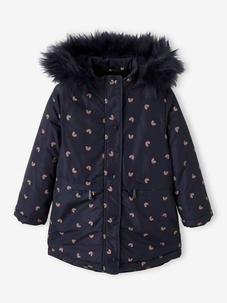 Parka com capuz, forro em sherpa, para menina AZUL ESCURO ESTAMPADO+CASTANHO MEDIO ESTAMPADO 