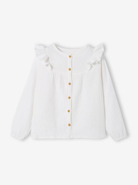 Blusa com folhos, em gaze de algodão, para menina BRANCO CLARO LISO 