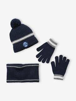 Menino 2-14 anos-Conjunto em malha canelada, gorro + gola snood + luvas, para menino