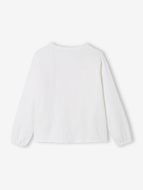 Blusa com folhos, em gaze de algodão, para menina BRANCO CLARO LISO 