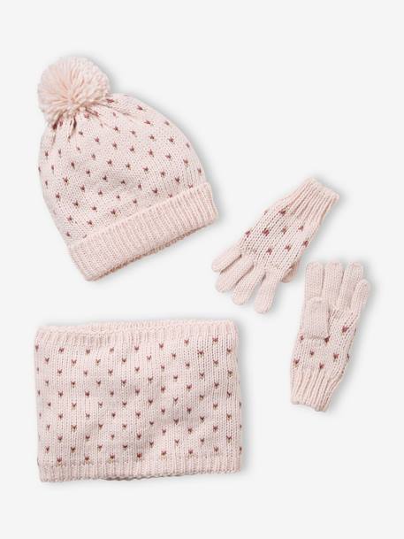 Conjunto gorro + gola snood + luvas com corações, para menina AZUL ESCURO ESTAMPADO+ROSA CLARO LISO COM MOTIVO 