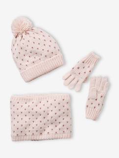 Toda a Seleção-Menina 2-14 anos-Acessórios-Conjunto gorro + gola snood + luvas com corações, para menina