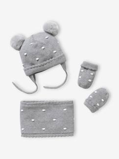 Bebé 0-36 meses-Acessórios-Conjunto com bolas, gorro + gola snood + luvas, para bebé menina