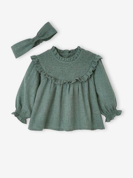 Blusa aos favos e fita a condizer lilás+VERDE ESCURO ACINZENTADO+violino 