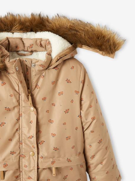 Parka com capuz, forro em sherpa, para menina AZUL ESCURO ESTAMPADO+CASTANHO MEDIO ESTAMPADO 