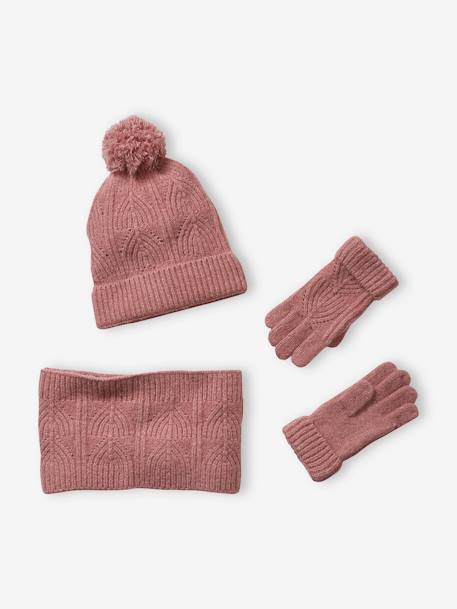 Conjunto gorro + gola snood + mitenes, em malha cintilante aos torcidos azul-acinzentado+ROSA MEDIO LISO 