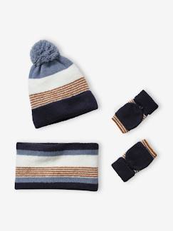 Menino 2-14 anos-Conjunto às riscas, gorro + gola snood + luvas, para menino