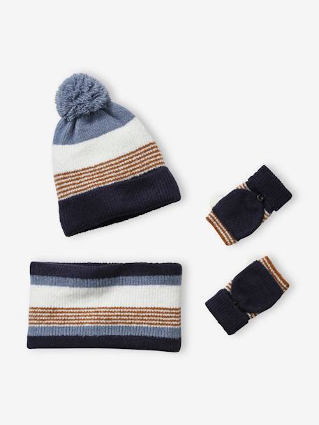 Conjunto às riscas, gorro + gola snood + luvas, para menino AZUL ESCURO BICOLOR/MULTICOLOR 