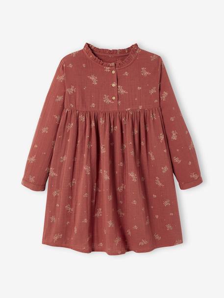 Vestido para menina bege+CASTANHO ESCURO ESTAMPADO 