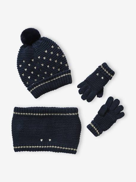 Conjunto gorro + gola snood + luvas, com corações, para menina AZUL ESCURO ESTAMPADO 