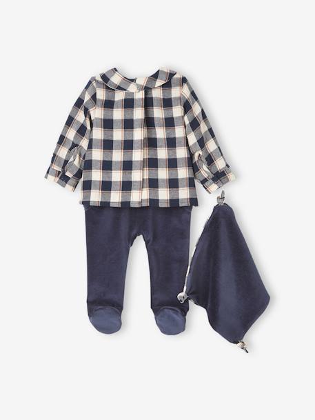 Pijama 2 em 1 com boneco-doudou a condizer, para bebé menino AZUL ESCURO LISO COM MOTIVO 