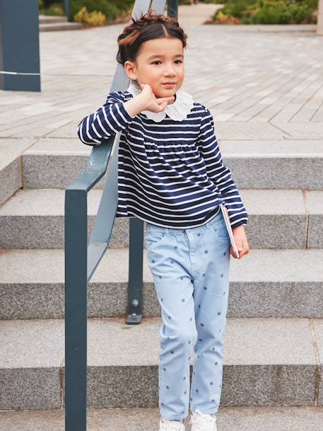 Camisola modelo blusa com bordado inglês na gola, para menina AZUL ESCURO AS RISCAS+rosado 