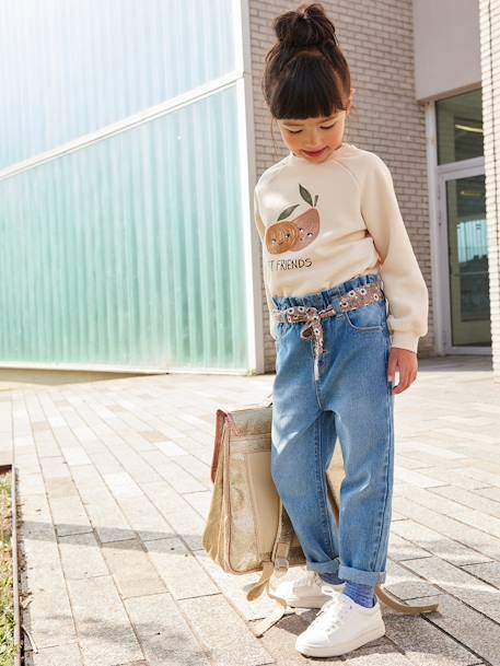 Jeans estilo paperbag e cinto florido, para menina AZUL ESCURO DESBOTADO+AZUL ESCURO LISO+ganga cinzenta 