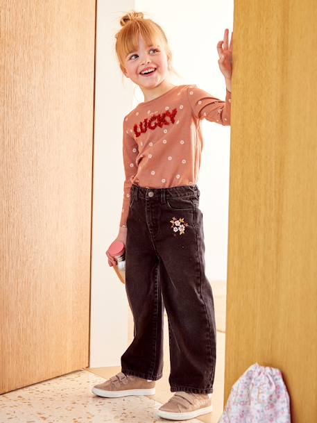 Jeans largos com flores bordadas, para menina PRETO ESCURO LISO COM MOTIVO 