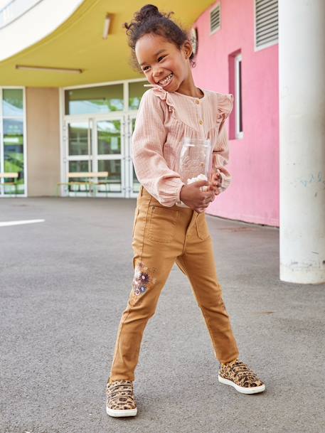 Calças slim, flores bordadas, cintura subida, para menina CASTANHO CLARO LISO COM MOTIVO 