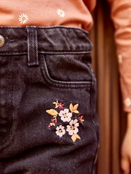 Jeans largos com flores bordadas, para menina PRETO ESCURO LISO COM MOTIVO 