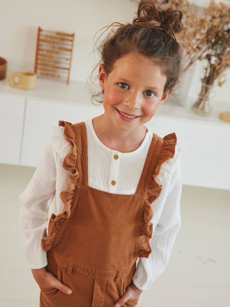 Blusa com folhos, em gaze de algodão, para menina BRANCO CLARO LISO 