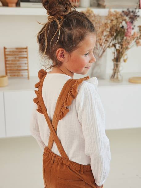 Blusa com folhos, em gaze de algodão, para menina BRANCO CLARO LISO 