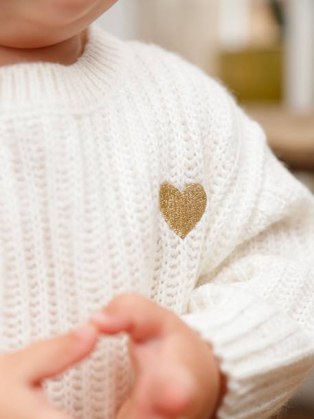 Camisola em tricot, coração dourado, para bebé azul-céu+BRANCO CLARO LISO 