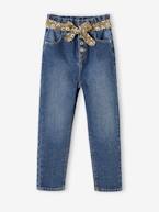 Jeans estilo paperbag e cinto florido, para menina AZUL ESCURO DESBOTADO+AZUL ESCURO LISO+ganga cinzenta 