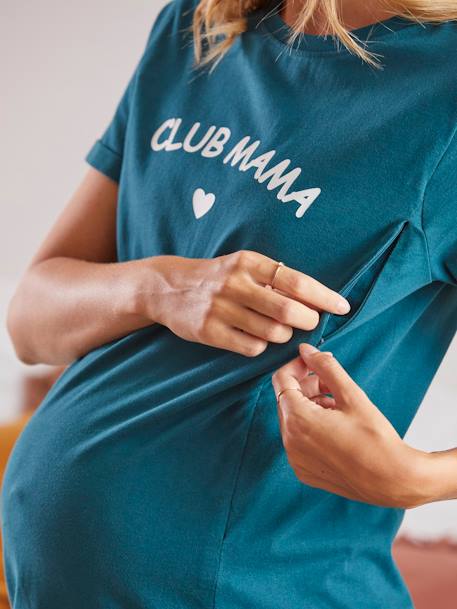 Camisa de dormir em algodão bio, especial gravidez e amamentação VERDE ESCURO LISO 