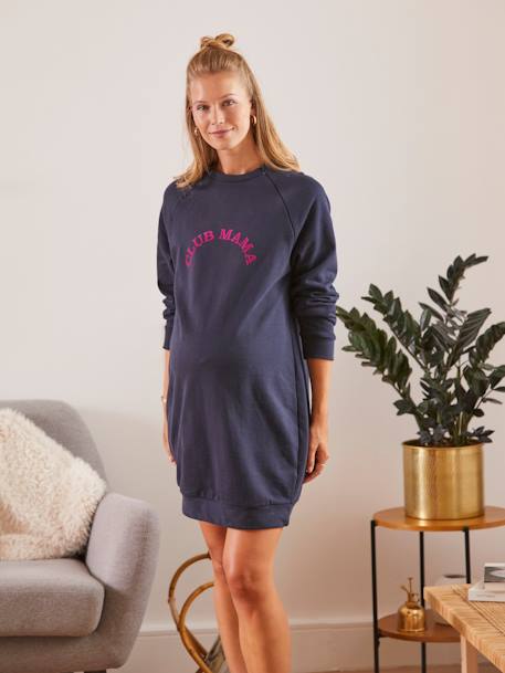 Vestido-sweat curto, com mensagem, especial gravidez e amamentação AZUL ESCURO LISO COM MOTIVO 