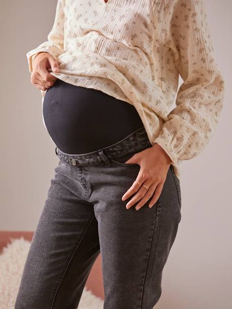 Jeans mom, faixa sem costuras, para grávida AZUL CLARO LISO+AZUL ESCURO DESBOTADO+CINZENTO MEDIO LISO 