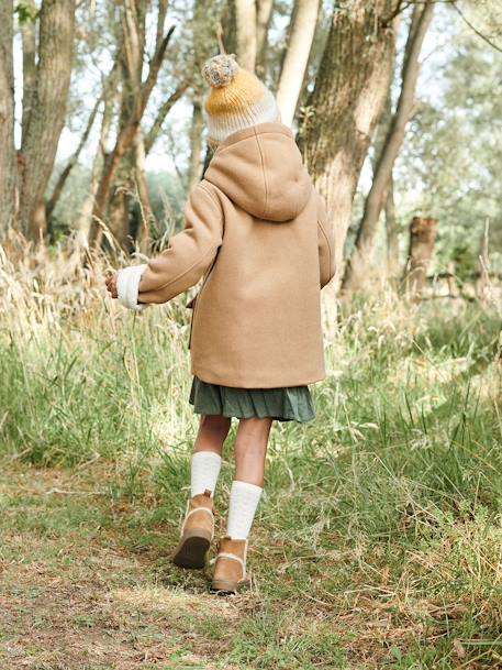 Casaco com capuz em fazenda, forro em sherpa, para menina BEGE MEDIO LISO COM MOTIVO+VERDE ESCURO LISO COM MOTIVO 