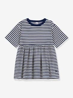 Menina 2-14 anos-Vestido às riscas, mangas 3/4, para criança, em algodão, da Petit Bateau