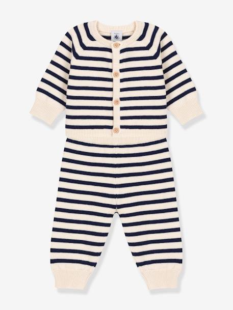 Conjunto de 2 peças às riscas, para bebé, em tricot de lã e algodão, da Petit Bateau branco estampado 