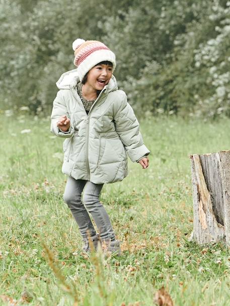 Blusão comprido com capuz, forro em sherpa, para menina AZUL ESCURO ESTAMPADO+VERDE MEDIO LISO 