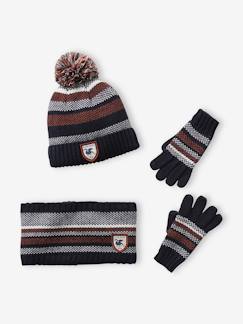 Menino 2-14 anos-Acessórios-Conjunto às riscas, gorro + gola snood + luvas, para menino