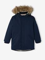 Parka com capuz, forro em sherpa e enchimento em poliéster reciclado, para menino AZUL ESCURO LISO COM MOTIVO+CASTANHO ESCURO LISO COM MOTIV+VERDE MEDIO LISO COM MOTIVO 