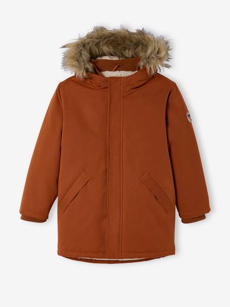 Parka com capuz, forro em sherpa e enchimento em poliéster reciclado, para menino AZUL ESCURO LISO COM MOTIVO+CASTANHO ESCURO LISO COM MOTIV+VERDE MEDIO LISO COM MOTIVO 