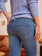 Jeans com bases desfiadas, faixa sem costuras, para grávida AZUL ESCURO LISO 